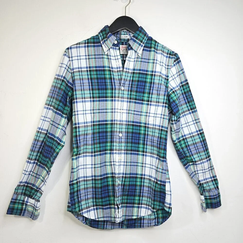 J.Crew Broken- In Oxford Slim Flannel Blue White Green Plaid Button Down Shirt